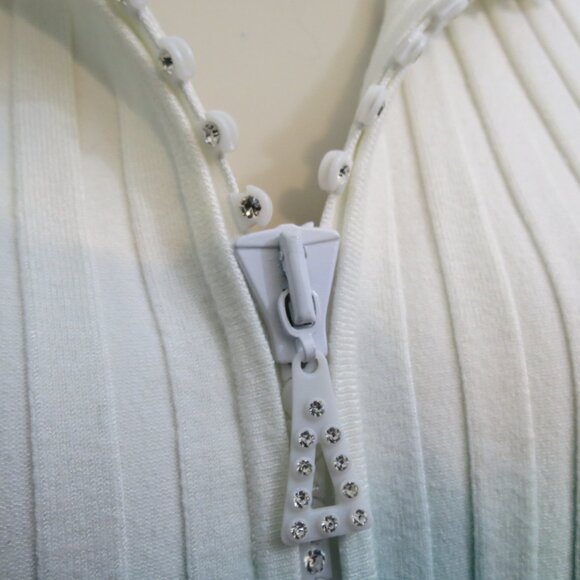 Belldini Ivory to Size Teal Ombre Rhinestone Zipper Jacket Cardigan Knit Large - Picture 8 of 12